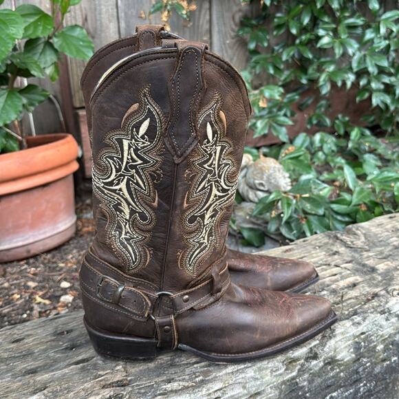 E & A Outlaws Western Wear Cowboy Brown Leather Strap Boots Women's Size 7 US - Picture 1 of 12